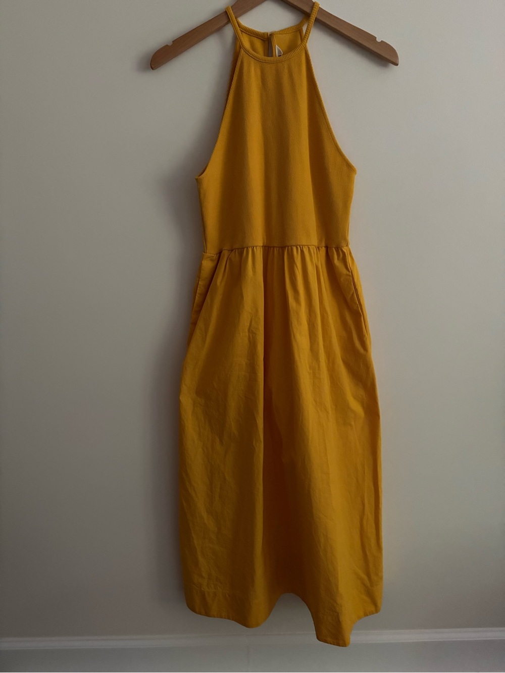 Boden Ribbed Halterneck Midi Dress Yellow Pockets Layering Beach Office Size 6 R